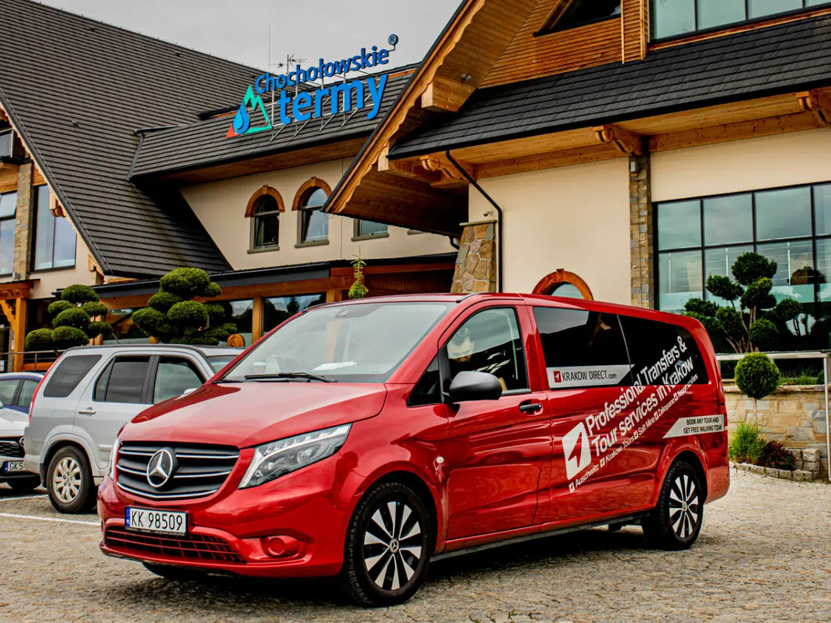thermal-baths-krakow-direct Premium Mercedes Benz van picking up guests from a Zakopane thermal baths tour