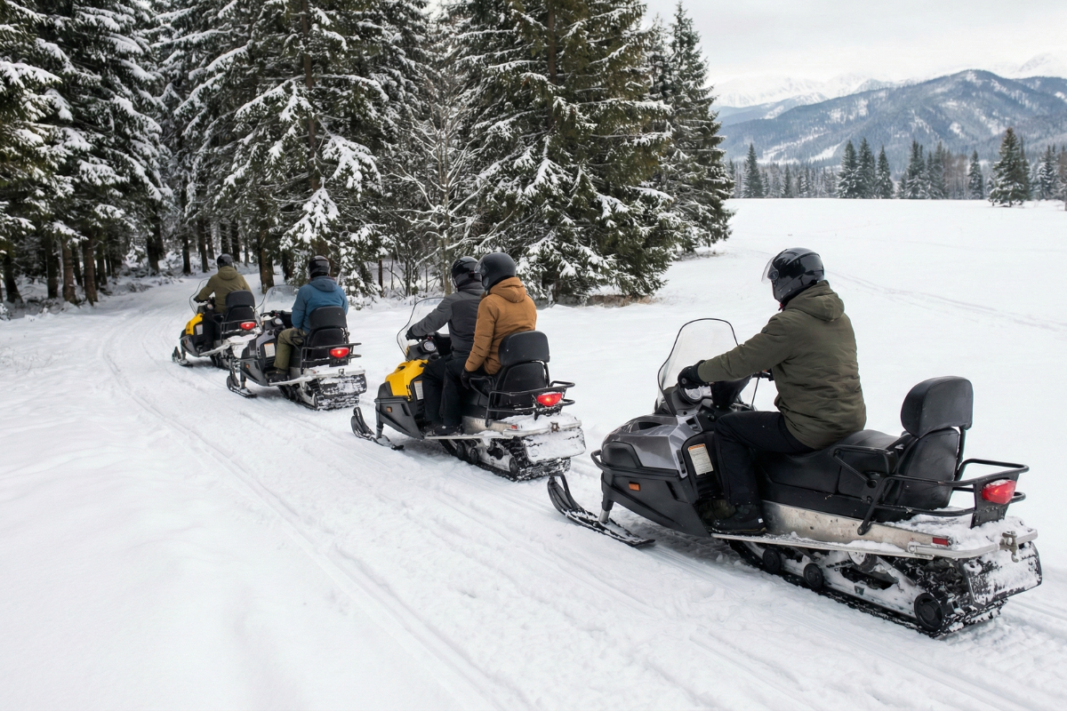 Guided Snowmobile Tour Through Winter Forest Guided snowmobile tour Zakopane through snow-covered forest in winter