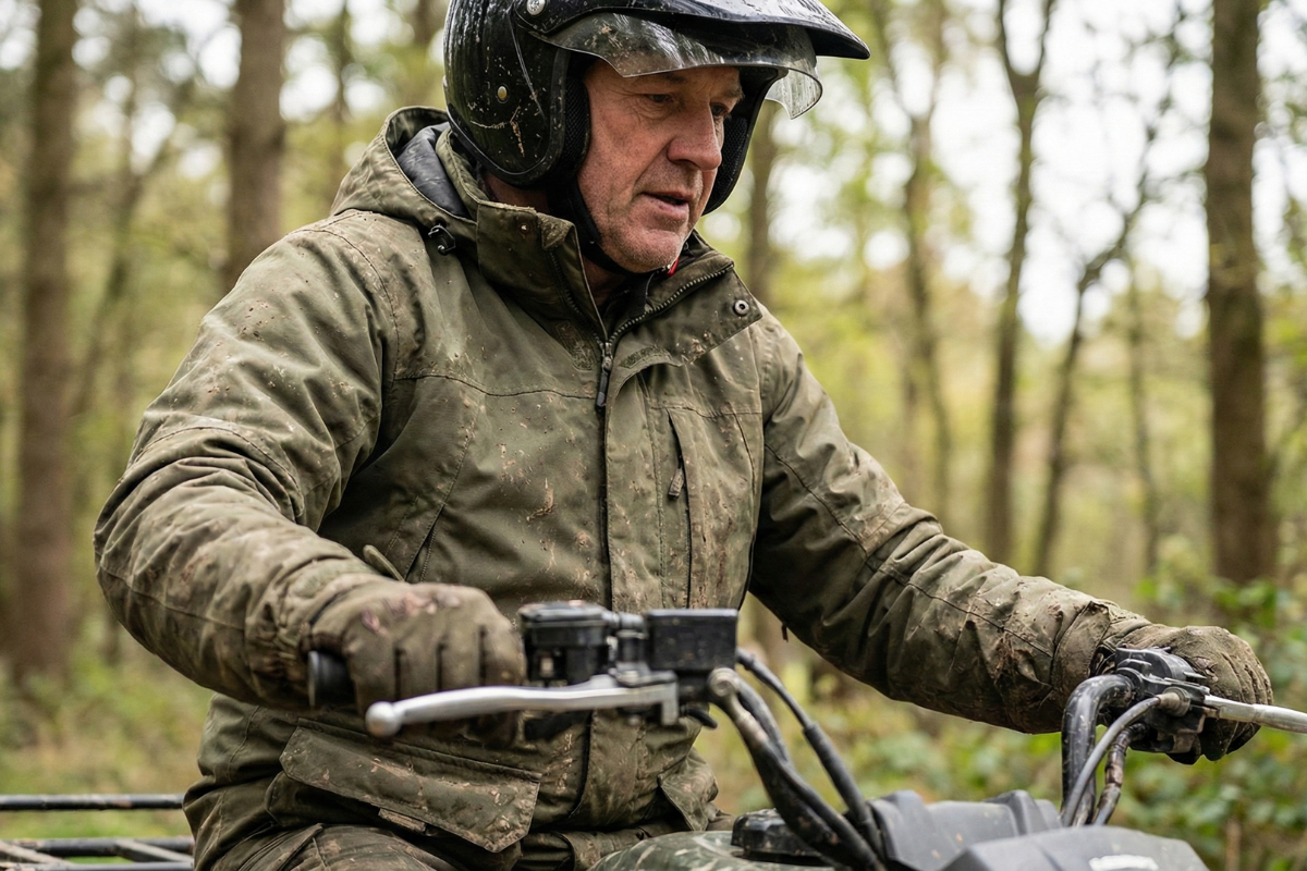 Quad Rider Close-Up on Off-Road Trail Close-up of a quad rider on an off-road forest trail near Zakopane