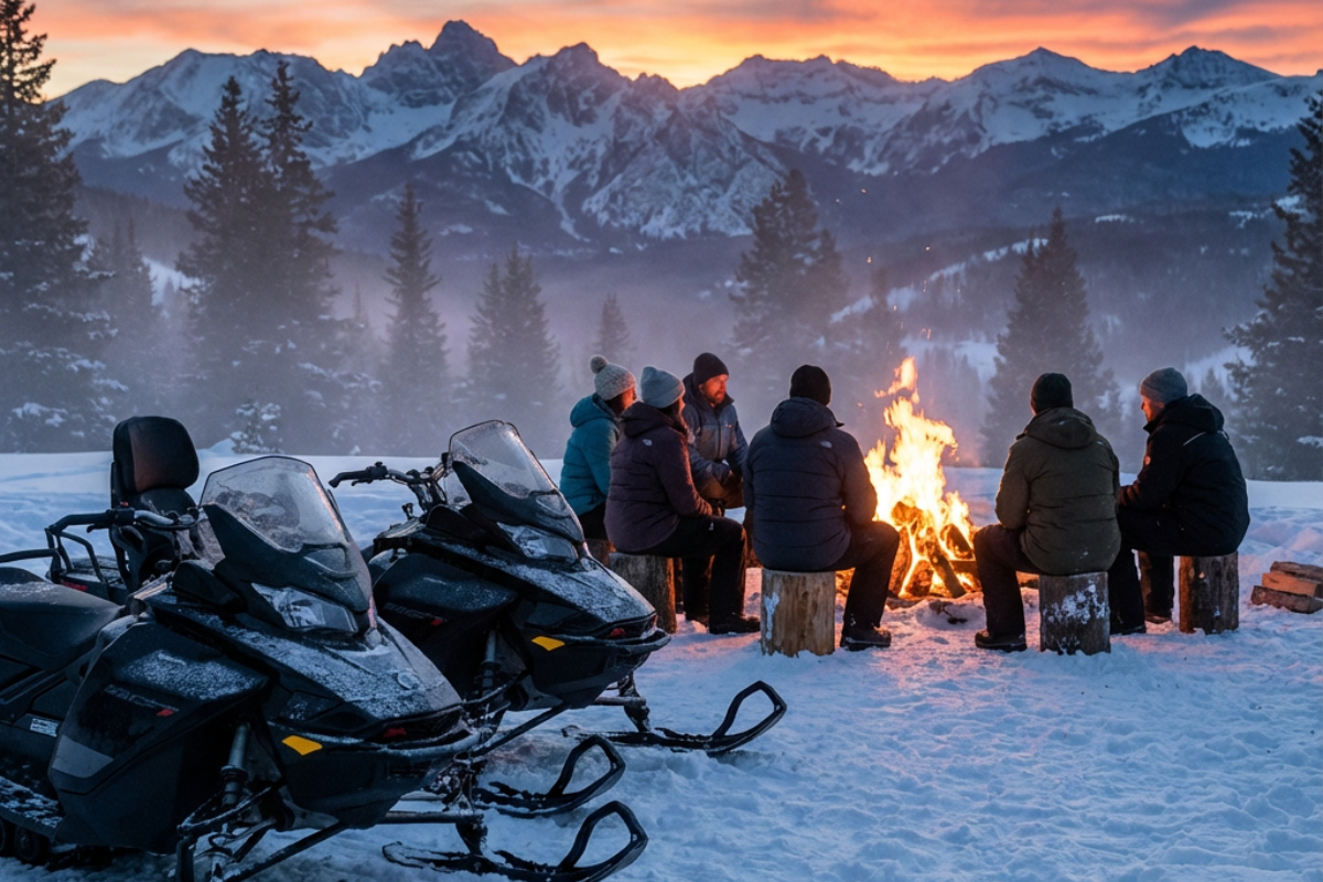 Snowmobile Bonfire Experience in Zakopane with Tatra Mountains Traditional highlander bonfire snacks during Zakopane snowmobile quad tour with oscypek cheese and local treats